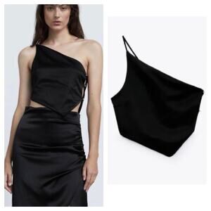 Zara Asymmetric One Shoulder Crop Top Medium Jewel Trim Black Satin Going Out